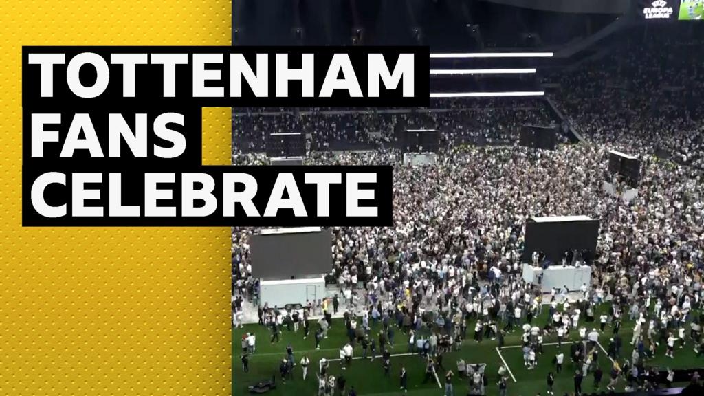 Fans celebrate their Europa League qualifying at Tottenham Stadium